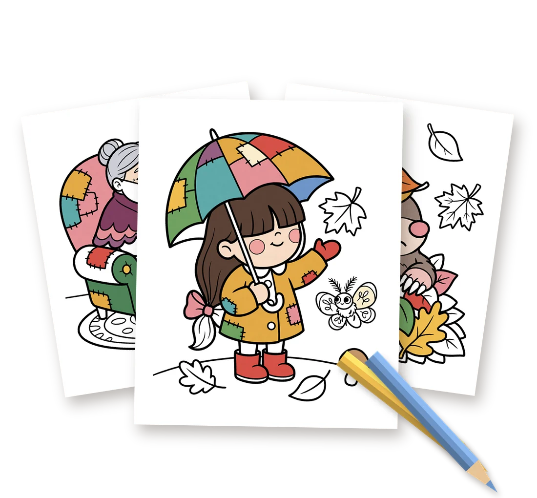 Three printable coloring pages fanned out and partly colored: Juni with her patchwork umbrella, Dobbin the mole in a pile of leaves, and Oma Velvet knitting in her armchair.