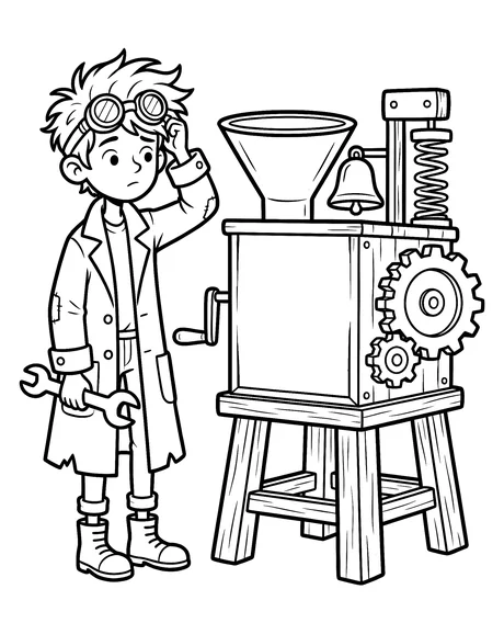 Coloring page: Bram scratching his head beside his half-built machine.