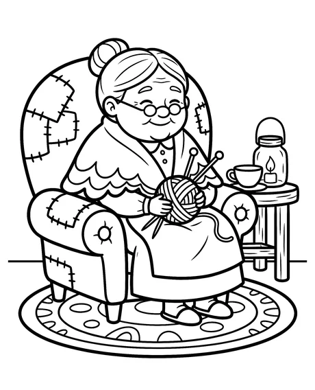 Coloring page: Oma Velvet knitting in her patchwork armchair.