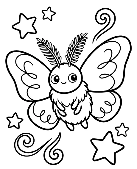 Coloring page: A whyfly with feathery antennae among stars and swirls.