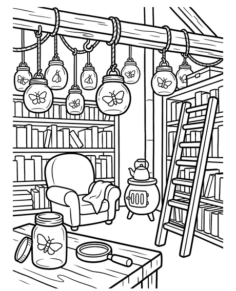 Coloring page: Inside the Lantern Library: shelves, a ladder, an armchair and hanging jars.